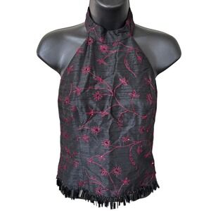 Vintage 90s Isabel Ardee Silk Halter Top Sz 2 Black Red Whimsigoth floral